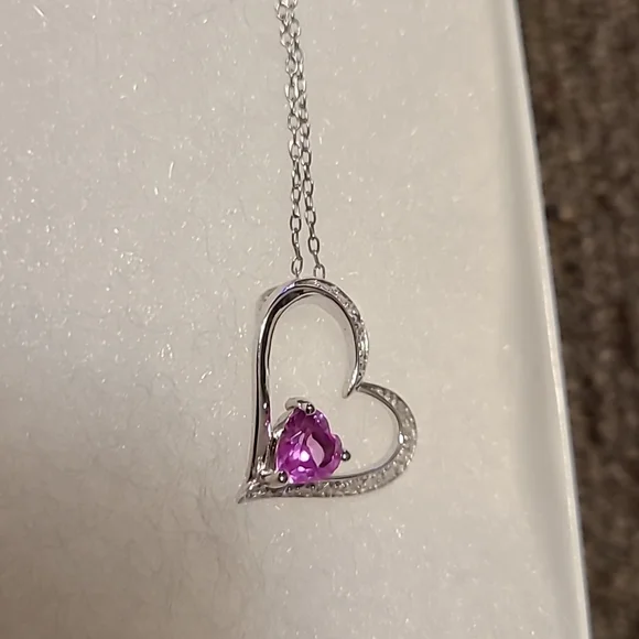STERLING SILVER GENUINE DIAMOND LAB CREATED PINK SAPPHIRE PENDANT 18" - Picture 5 of 8